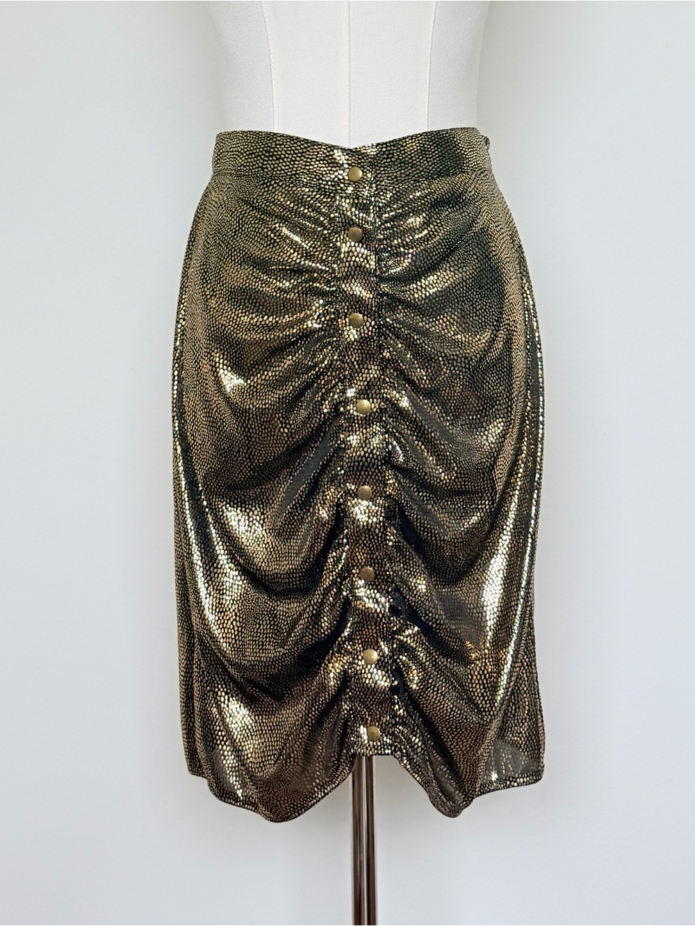 Vintage Metallic Gold Ruched Button-Front Pencil Skirt